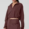 Ensemble deux pièces bordeaux pour femme comprenant veste courte demi-zip et jupe à cordon assortie - S / Hauts / Rouge Brun
