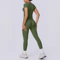 Olive green seamless yoga set featuring short sleeve top and peach lift leggings - S / Top And Bottom / Olive Green
