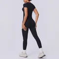 Seamless knit black yoga set with short sleeve top and butt-lifting leggings. - S / Top And Bottom / Black