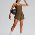 Sleeveless quick-dry brown athletic tennis dress jumpsuit for sports and yoga - S / Top And Bottom / Dark Brown