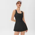 Elegant women's black backless pleated tennis dress for outdoor sports and fitness training - S / Top And Bottom / Black