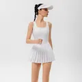 Elegant white backless pleated tennis dress for women, breathable sports outfit with visor. - S / Top And Bottom / White