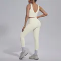 High-waist cream yoga set featuring a sexy V-neck sports bra and seamless leggings - S / Top And Bottom / Light Ivory
