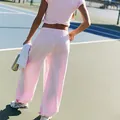 Casual pink two-piece tracksuit set with crop top and wide-leg sweatpants - S / Bottoms / Pink
