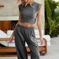 Women's grey two-piece leisure set featuring a sleeveless crop top and loose casual pants - L / Tops / Dark Gray
