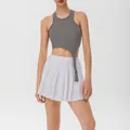 Grey ribbed asymmetrical yoga tank top with white pleated tennis sports skirt for women - QS24378C-Grey