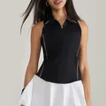 Slim fit black sleeveless tennis polo vest with white piping and half-zip collar for women - S / Tops / Black