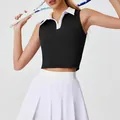 Professional black sleeveless polo crop top and white pleated quick-dry tennis skirt set - S / Tops / Black