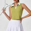 Olive green sleeveless polo top and white pleated tennis skirt sports set - S / Tops / Sunny Yellow