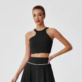 Elegant black asymmetric halter yoga top and high waist pleated tennis skirt sports set - S / Tops / Black