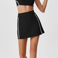 Black high-waist athletic tennis skirt featuring white side piping for fitness and running. - S / Bottoms / Black