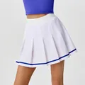 Sporty white high-waisted pleated tennis skirt with a distinctive blue stripe accent - S / Bottoms / Vitality Cobalt Blue