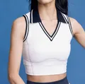 Women's breathable contrast Polo neck sports tank top in white and black - S / Tops / White (Navy Trim)