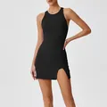 Quick-dry black slit tennis sports dress for women, sleeveless athletic yoga wear - Black