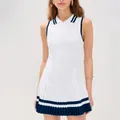 Sleeveless white polo collar tennis dress featuring a blue striped pleated hemline - S / Top And Bottom / White/Navy