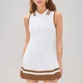 Sporty sleeveless white and brown polo tennis dress with zipper and pleated skirt - S / Top And Bottom / White and Brown