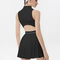 Elegante vestido de tenis negro con espalda descubierta y falda plisada para fitness - XS / Conjunto (Parte Superior e Inferior) - Sin Mangas / Negro