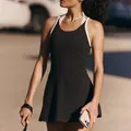 Sleeveless black athletic tennis dress with contrast white straps and open U-back design - S / Top And Bottom / Black