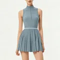 Women's blue pleated tennis dress with front zipper and sleeveless design - XS / Sleeveless Top And Bottom / Blue Gray