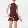 Elegante vestido de tenis plisado burdeos sin mangas con cremallera frontal para mujer pro - XS / Conjunto (Parte Superior e Inferior) - Sin Mangas / Burdeos