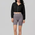 Women's black cropped zip-up hooded sweatshirt jacket paired with grey shorts - S / Tops / Black