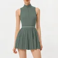 Vestido de tenis plisado para mujer con cremallera frontal en verde salvia - XS / Conjunto (Parte Superior e Inferior) - Sin Mangas / Verde