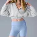 Women's stylish light grey cropped zip-up hoodie with long sleeves and comfy hood - S / Tops / Gray