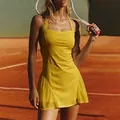Yellow quick-dry tennis dress with mesh stitching for outdoor sports and fitness - Yellow (Sleeveless)