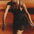 Elegant black athletic tennis dress with mesh patchwork details in quick-dry sports fabric - S / Top And Bottom / Black (Sleeveless)