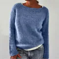Detailed view of women's soft blue knit sweater featuring a classic round neck design. - Light Blue