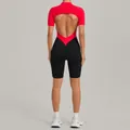 Women's red and black color-blocked fitness bodysuit with deep open back and collar - S / Top And Bottom / Red