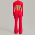 Red backless long sleeve yoga jumpsuit with flared pants and bodycon fit for women fitness - S / Top And Bottom / Red