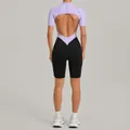 Back view of a purple and black backless athletic bodysuit for yoga and running - S / Top And Bottom / Lavender