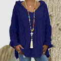 Pull à capuche bleu pour femme avec maille torsadée et col en V à coupe décontractée - Bleu foncé