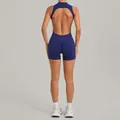 Navy blue backless one-piece yoga bodysuit with scrunch butt detail for gym fitness - S / Top And Bottom / Navy Blue