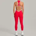 Roter rückenfreier Yoga-Jumpsuit mit weißem Kontrastbesatz und Po-Lifting-Effekt für Fitness - Rot