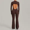 Professional slim fit brown long sleeve flared yoga jumpsuit with cutout back design - Brown