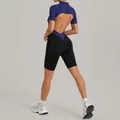 Backless contrast athletic bodysuit with mock neck and short sleeves for yoga - S / Top And Bottom / Navy Blue