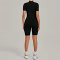 Back view of black short sleeve stand collar athletic yoga jumpsuit for women - S / Top And Bottom / Black