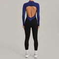 Tuta da fitness a maniche lunghe con schiena scoperta e collo alto, blu e nero - Taglia S / Top And Bottom / Blu navy