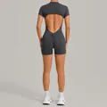 Professional charcoal grey backless yoga romper with short sleeves and ruched butt-lifting detail - S / Top And Bottom / Charcoal Gray