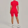Vibrant red stand collar half-zip yoga bodysuit with v-shaped back hem detail - S / Top And Bottom / Red