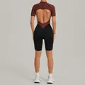 Back view of brown and black backless fitness bodysuit for yoga and running - Coffee