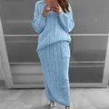 Detailed view of women's light blue cable knit sweater and long skirt matching set - Sky Blue