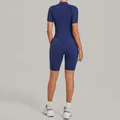 Back view of a navy blue short sleeve one-piece yoga bodysuit with athletic slim fit - S / Top And Bottom / Navy Blue