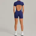 Backless navy blue sports bodysuit with butt-lifting detail for yoga and fitness - S / Top And Bottom / Navy Blue