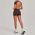 Dark brown backless yoga bodysuit with scrunch butt detail for fitness and workout - S / Top And Bottom / Brown