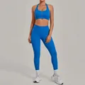 Vibrant blue two-piece yoga set with zip-front sports bra and high-waisted leggings - S / Top And Bottom / Sapphire Blue