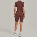 Professional brown stand-collar half-zip one-piece yoga bodysuit for fitness - S / Top And Bottom / Coffee
