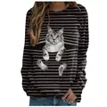 Detailed view of women's striped long sleeve T-shirt featuring a cute cat pocket print. - S / Tops / Big White Cat